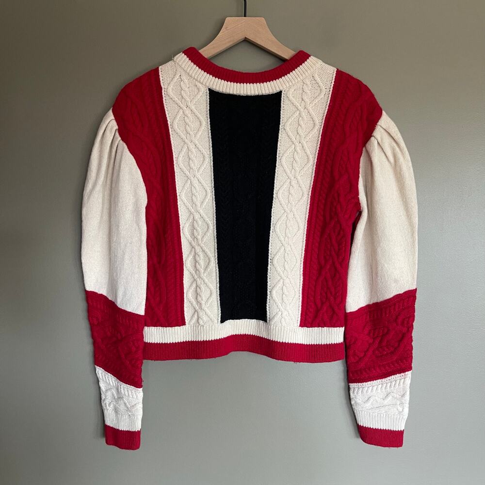 CLAUDIE PIERLOT Mixity Pullover Sweater Size Medium Red Black Cream Puff Sleeves - Picture 14 of 16
